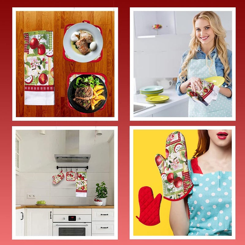 Lobyn Value Packs - 5 Piece Country Kitchen Towel Set: Features Red Apples on a Patchwork Quilt, 2 Decorative Dish Towels, 1 Oven Mitt, and 2 Quilted Potholders - Image 3